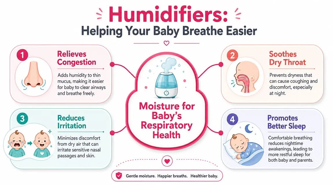 An infographic detailing four health benefits of using humidifiers for babies to improve respiratory comfort and sleep.