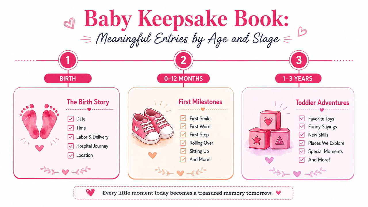 A visual guide illustrating a baby keepsake book with milestones for birth, infancy, and toddler stages.