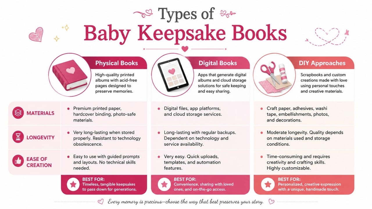 An infographic comparing Physical Books, Digital Books, and DIY Approaches for documenting baby memories and keepsakes.
