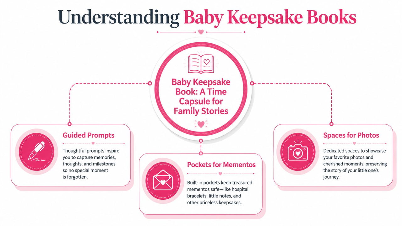 An infographic titled Understanding Baby Keepsake Books illustrating features like guided prompts, photo spaces, and memento pockets.