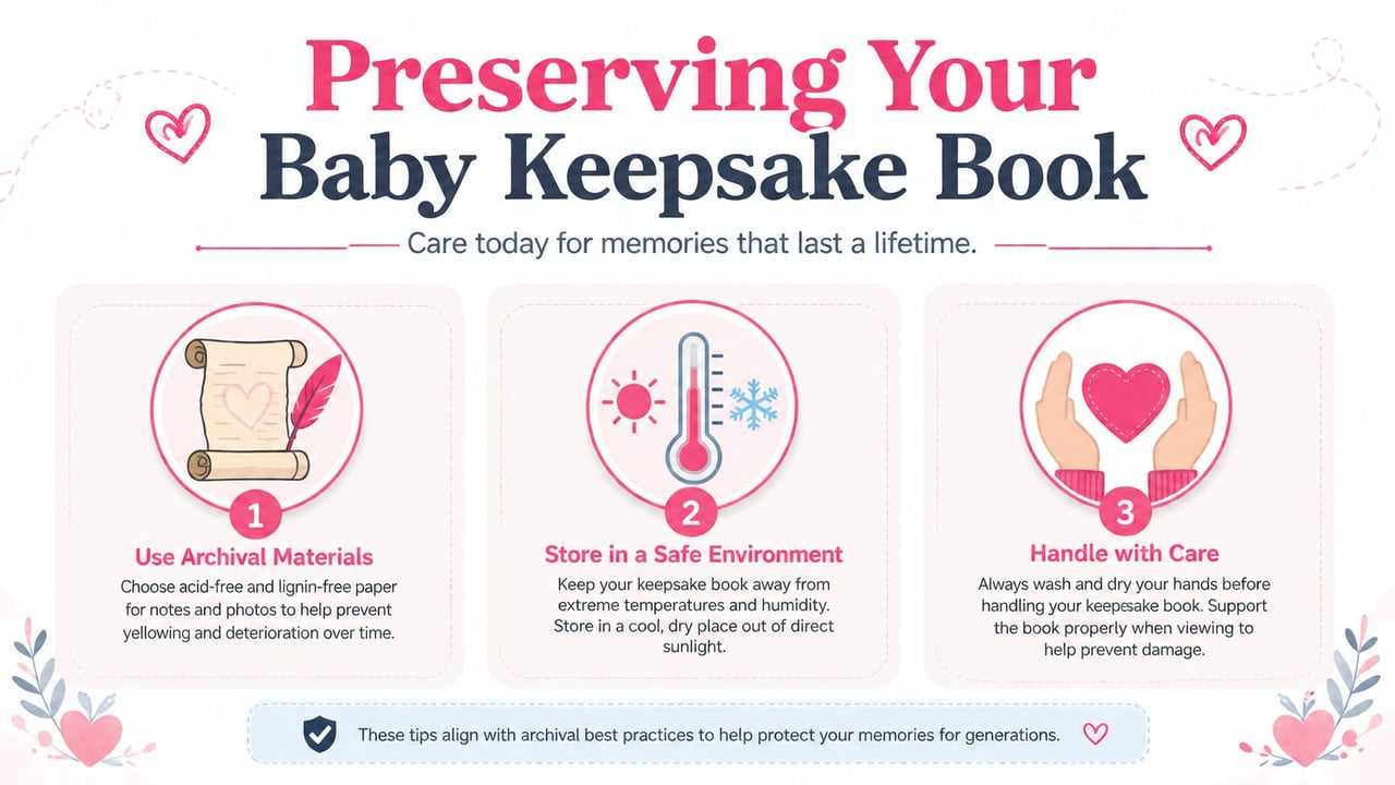 A helpful infographic outlining three essential tips for preserving a baby keepsake book for future generations.