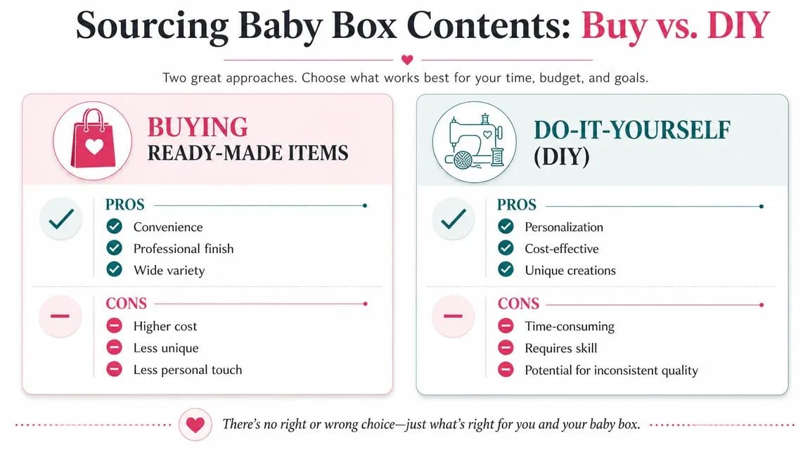 A comparison infographic showing the pros and cons of buying ready-made versus DIY baby box contents.
