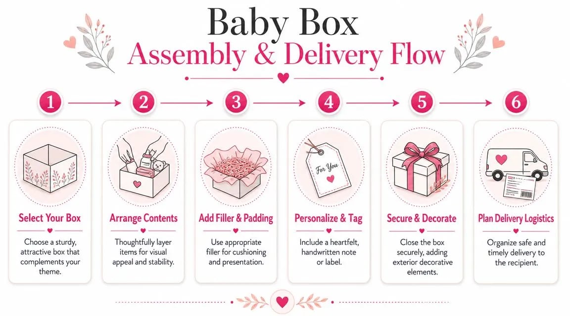 A step-by-step infographic illustrating the process of assembling and delivering a gift baby box.