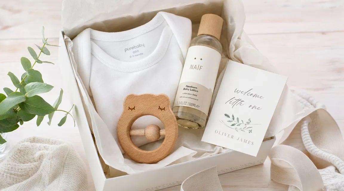 A white gift box for a newborn baby containing a onesie, baby lotion, a wooden toy, and card.