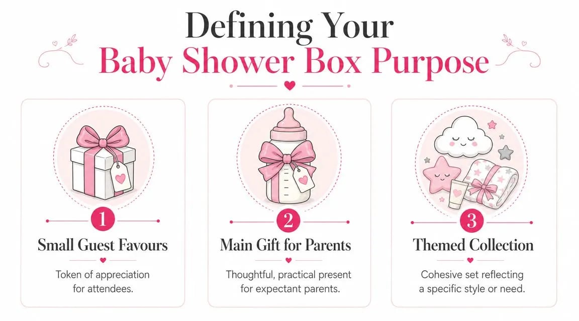 An infographic showing three ways to define the purpose of baby shower boxes including favors and gifts.