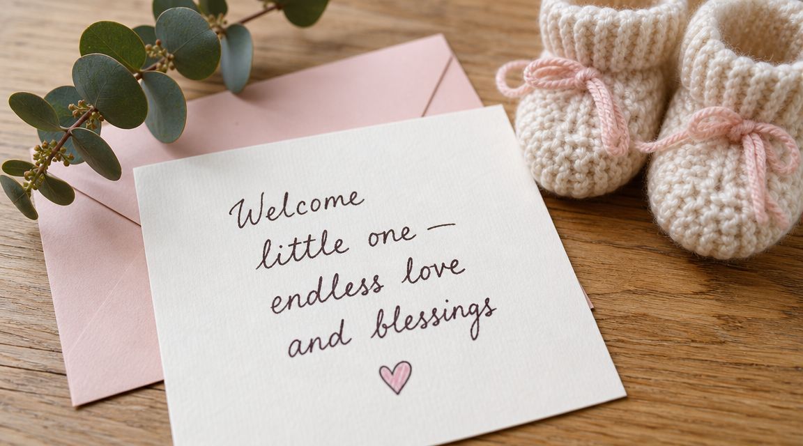 A welcoming card for a newborn baby next to small knitted booties and a pink envelope.