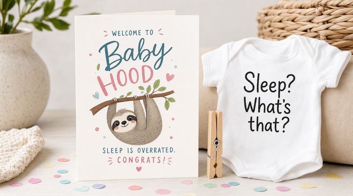 A greeting card with a sloth illustration next to a white baby bodysuit with humorous text.
