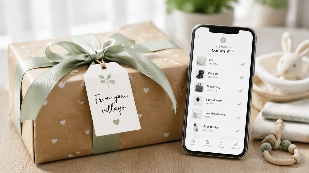 A wrapped gift with a tag saying from your village next to a smartphone showing a baby registry.