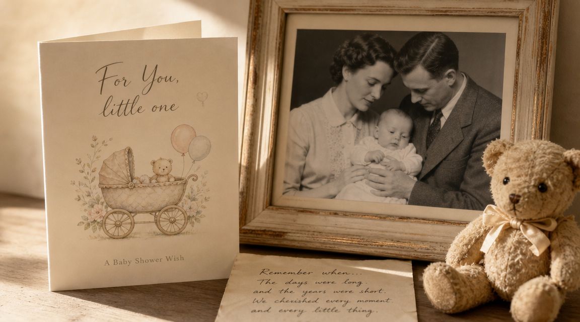 A baby shower card next to a framed vintage family photograph and a teddy bear on a table.