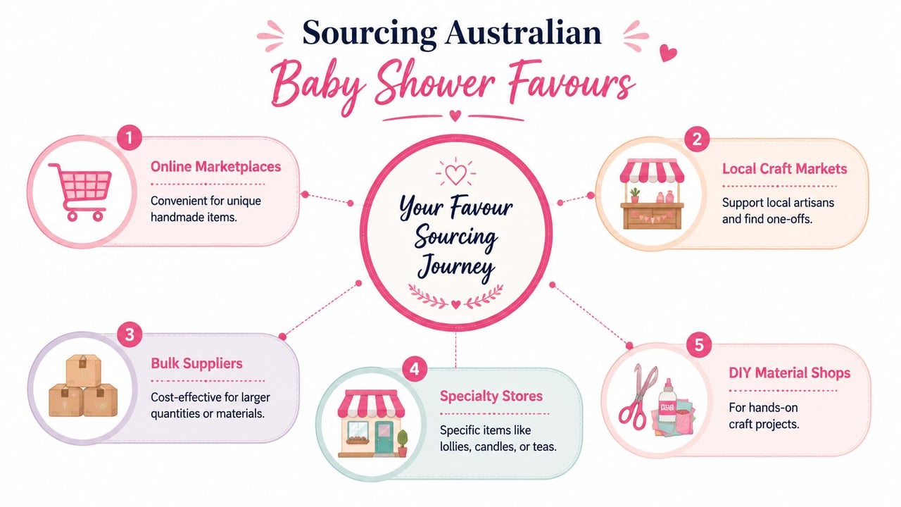 An infographic titled Sourcing Australian Baby Shower Favours showing five ways to source unique gift ideas.