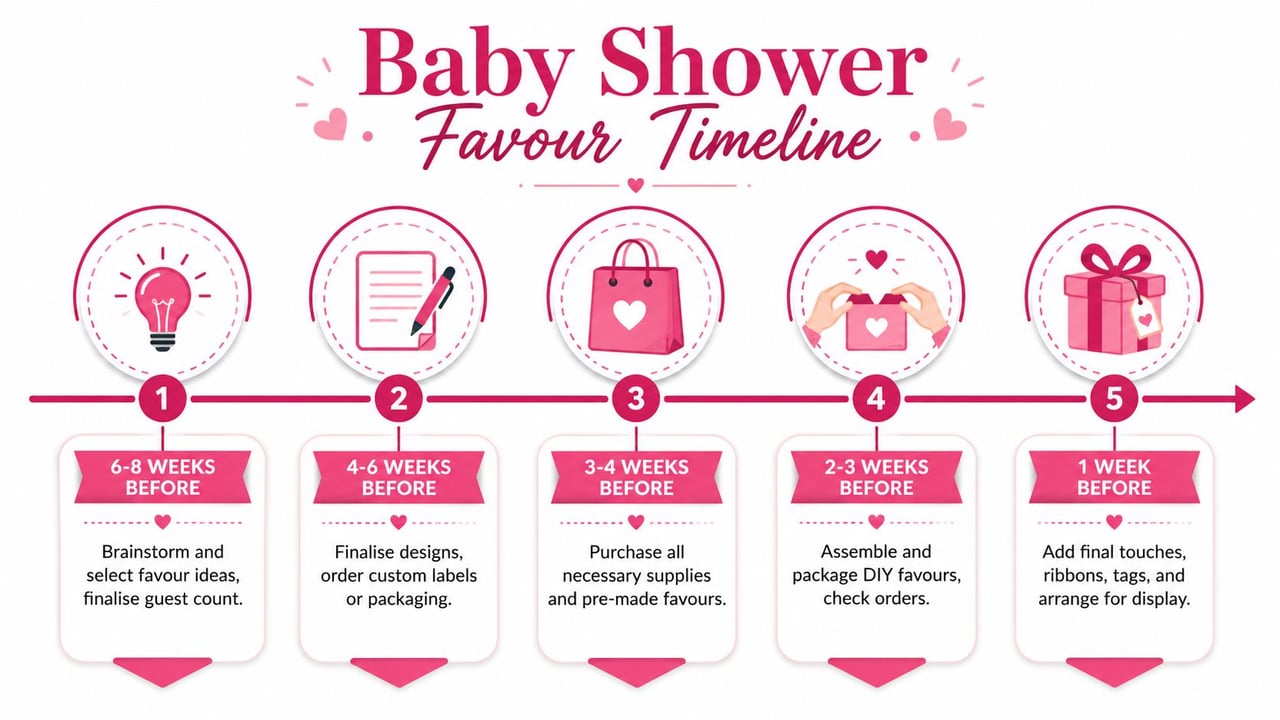 A step-by-step baby shower favour timeline infographic showing tasks from eight weeks before to one week before.