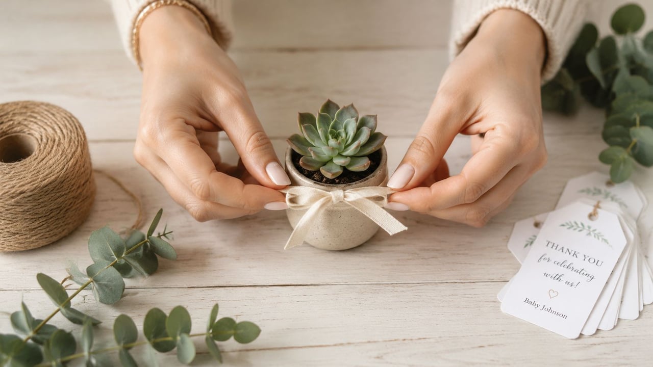 A person wrapping a small succulent plant in a ceramic pot with a ribbon for baby shower favors.