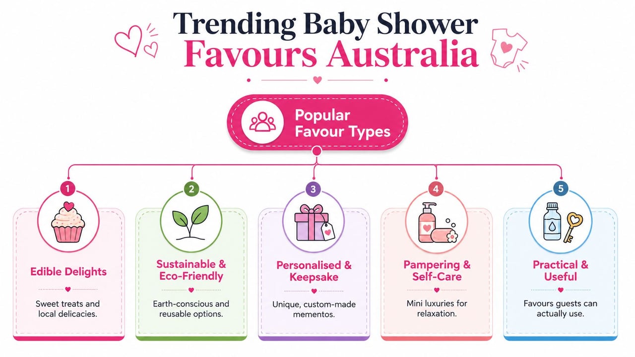An infographic showing five popular types of trending baby shower favours available in Australia.