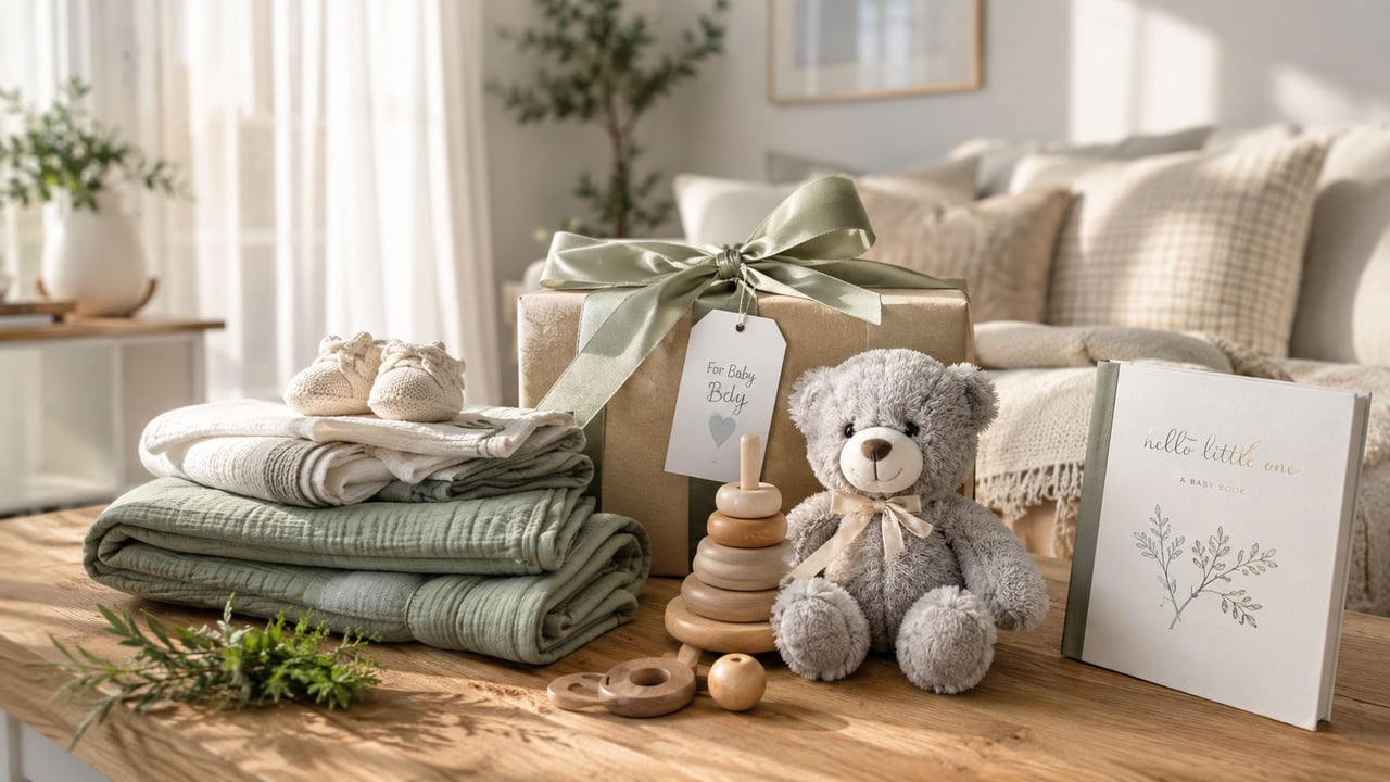 A curated collection of baby shower gifts including blankets, booties, a teddy bear, and a book.