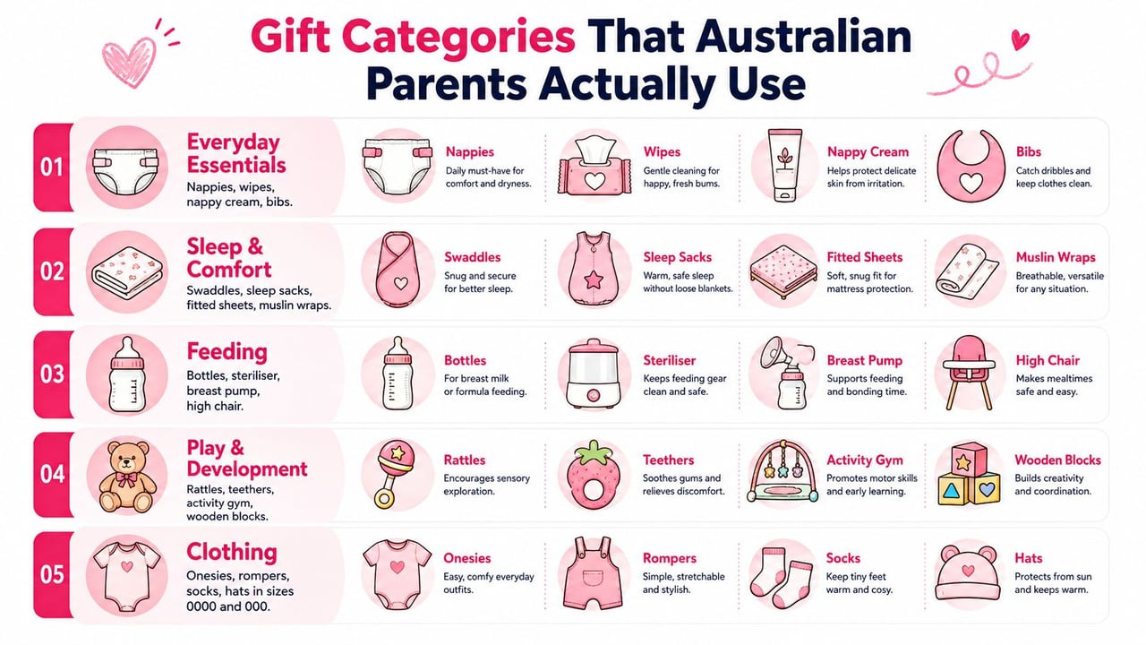 An infographic showing practical baby gift categories for Australian parents including essentials, sleep, feeding, and clothing items.
