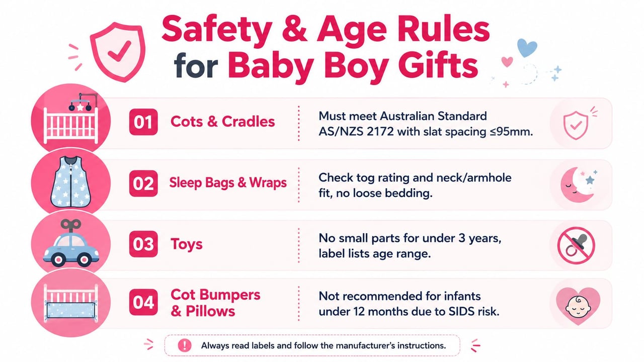 A safety infographic for baby boy gifts outlining rules for cots, sleep bags, toys, and bedding.