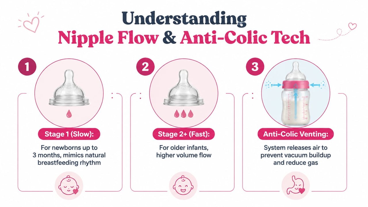 An infographic explaining baby bottle nipple stages and anti-colic ventilation technology for parents.