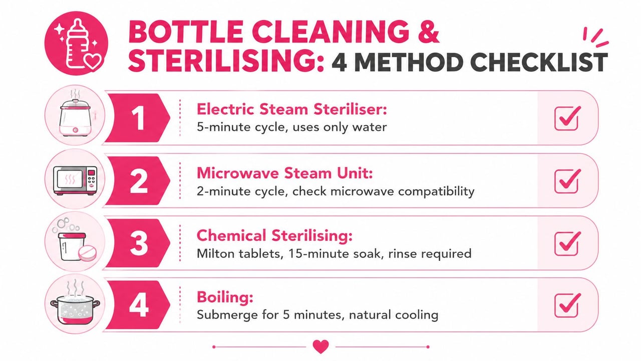 An informative infographic listing four different methods for cleaning and sterilising baby bottles for parents.