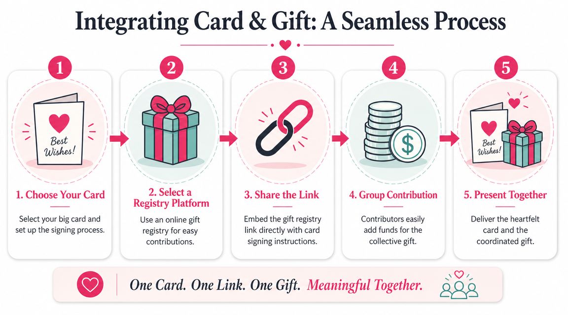 A five-step process diagram illustrating how to integrate digital greeting cards with group gift registry links.