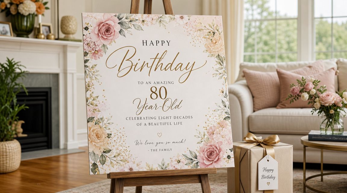 A decorative 80th birthday sign on an easel in a cozy living room with gift and flowers.