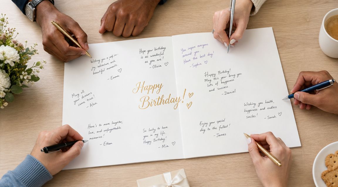 Multiple hands writing birthday wishes in a large greeting card on a wooden table.
