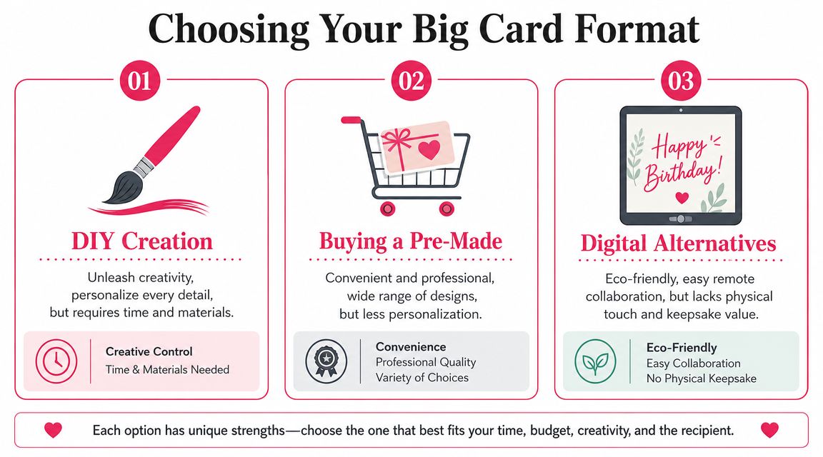 A comparison guide for choosing between DIY, pre-made, or digital formats for big birthday cards.