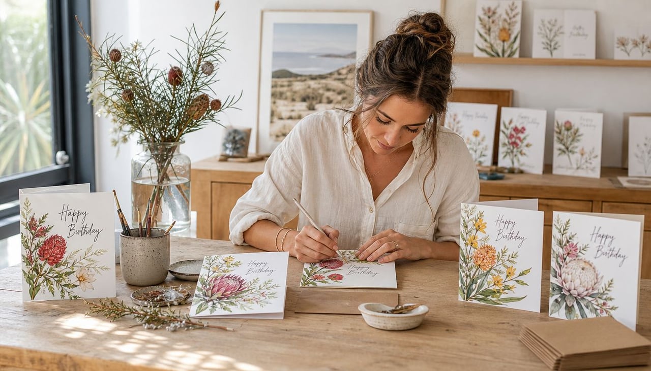 A woman artist sitting at a wooden desk writing inside floral-themed birthday greeting cards in a sunlit studio.