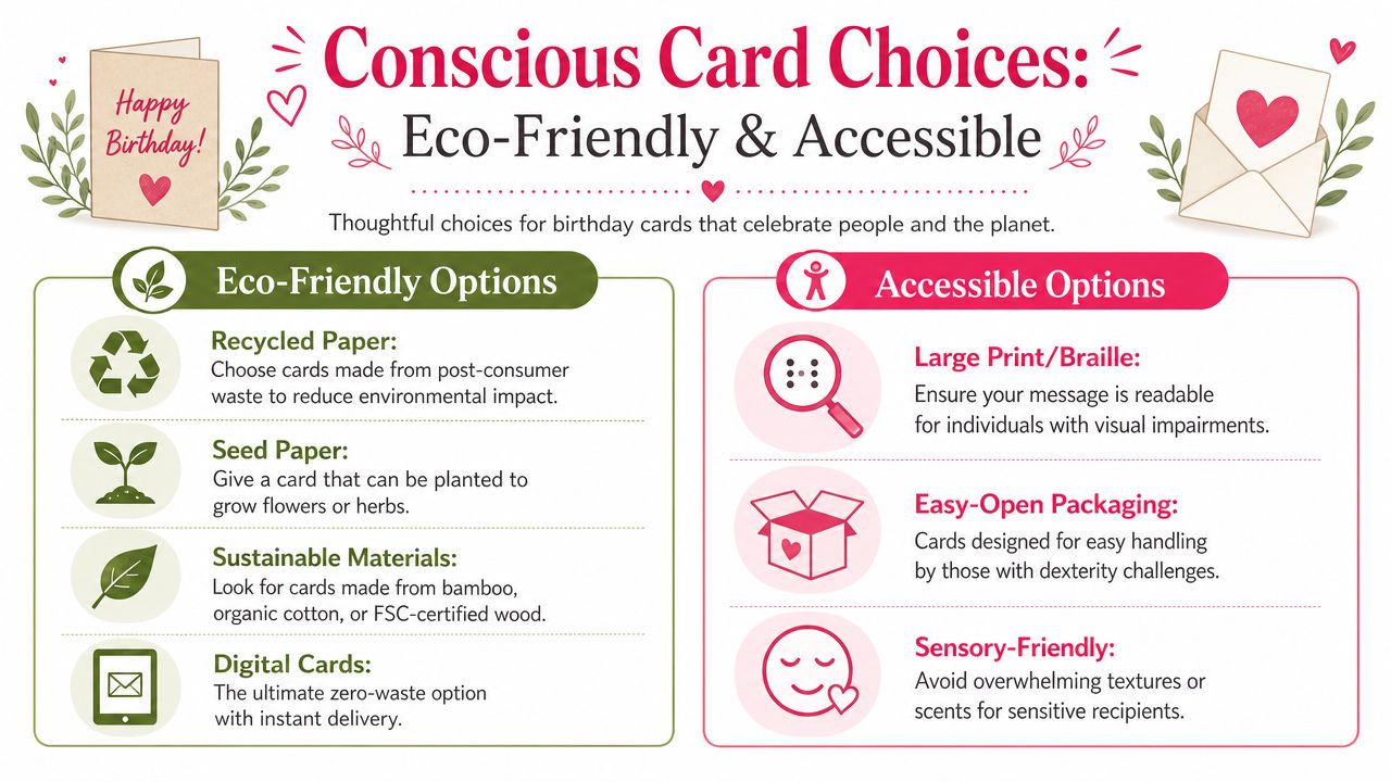 An infographic titled Conscious Card Choices offering tips on eco-friendly and accessible birthday card options.