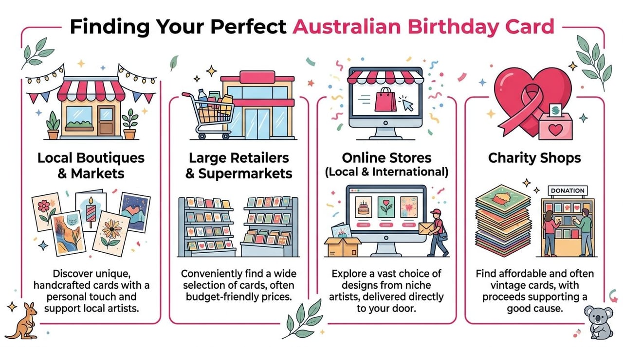 An infographic illustrating four ways to purchase birthday cards in Australia including boutiques, supermarkets, online, and charities.