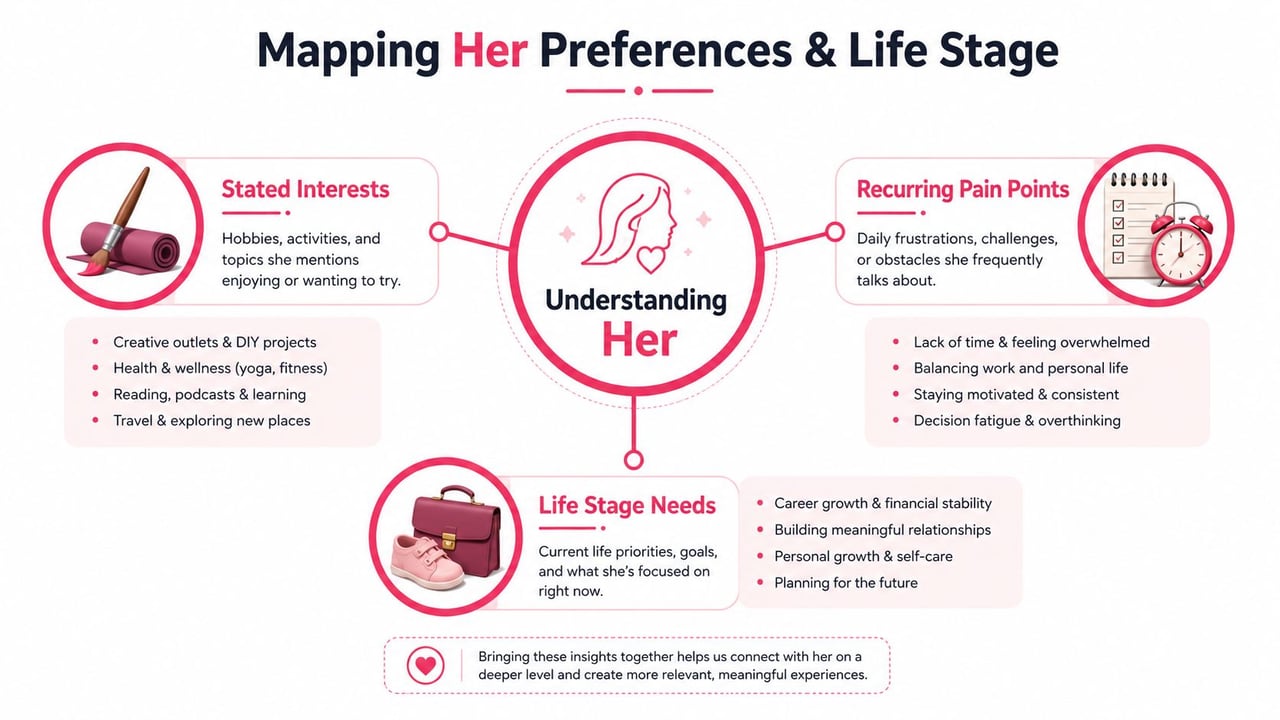An infographic titled Mapping Her Preferences and Life Stage detailing interests, pain points, and life goals.