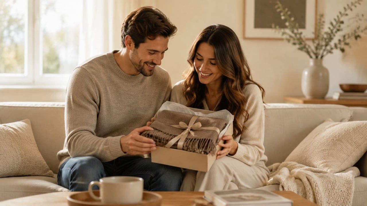 A smiling husband presents a neatly wrapped gift box to his happy wife on a cozy sofa.