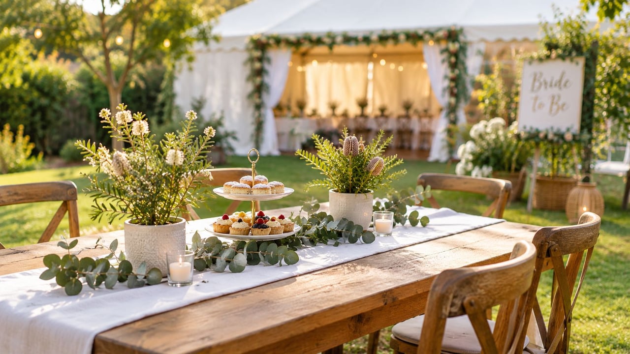 A rustic outdoor bridal shower table set with cupcakes, candles, and flowers near a decorative white tent.