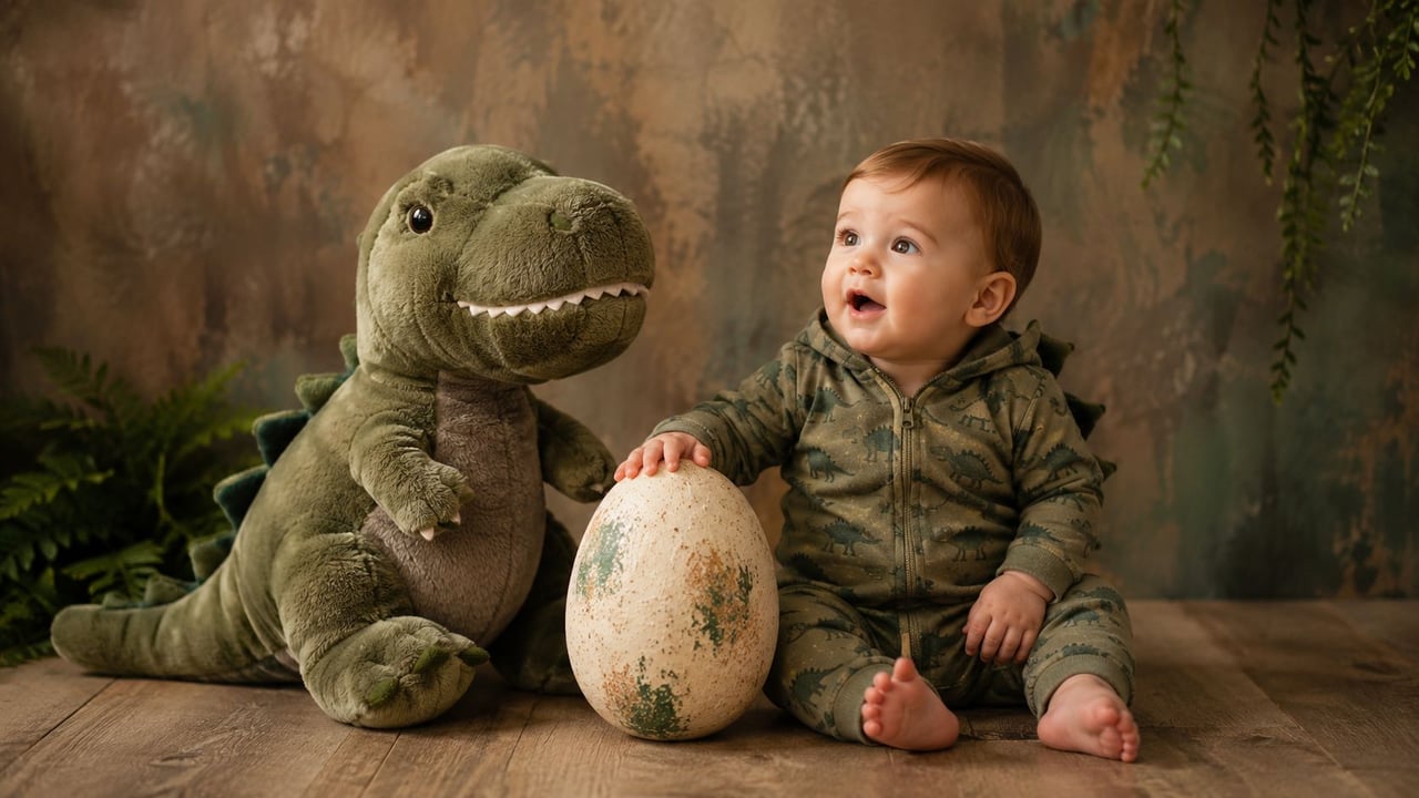 A happy baby boy wearing a dinosaur outfit sitting next to a plush toy dinosaur and egg.