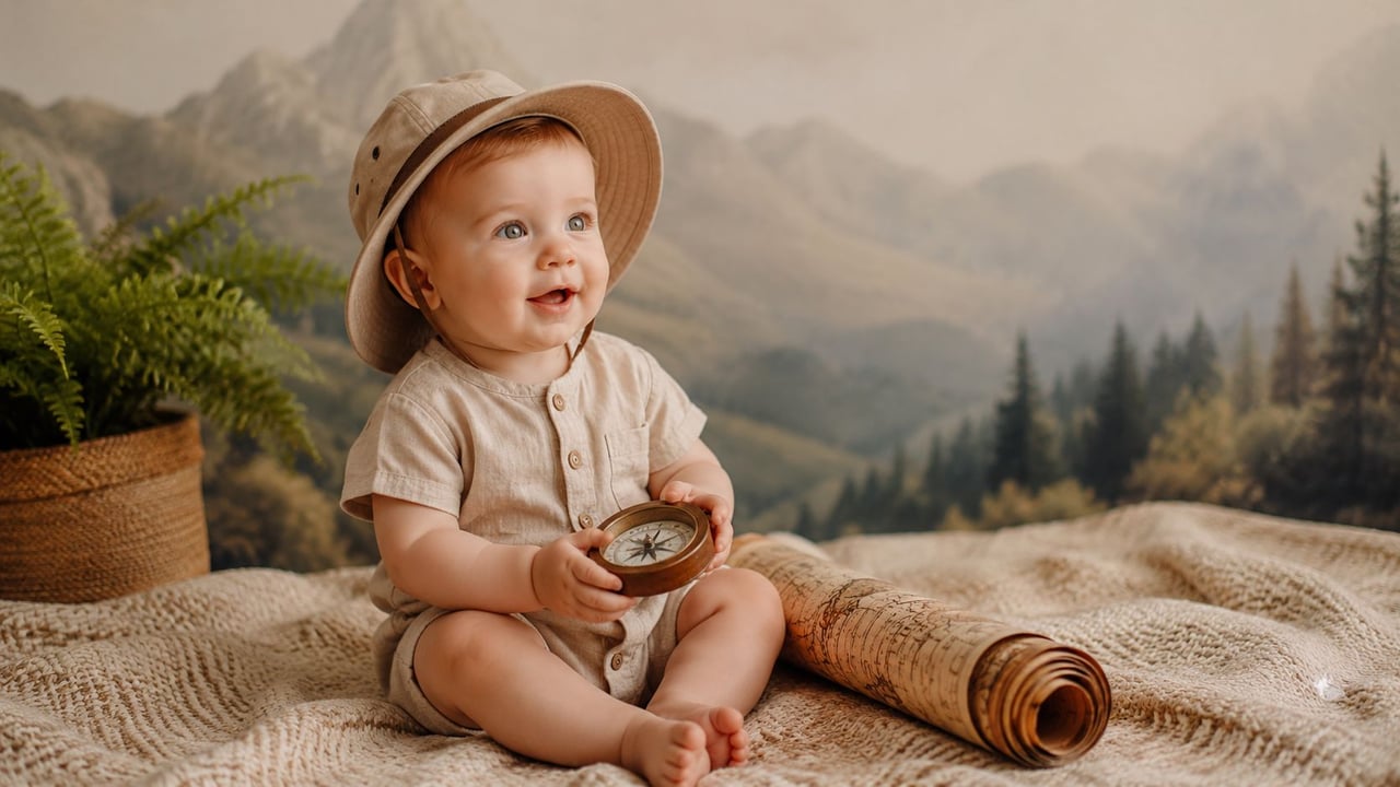 A cute baby boy dressed as an explorer sitting on a blanket with a compass and map.