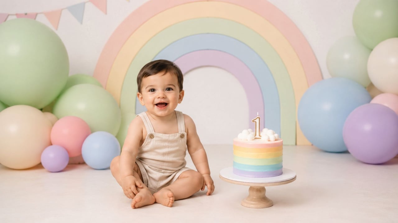 A happy baby boy sitting in front of a colorful rainbow background for his first birthday cake smash.