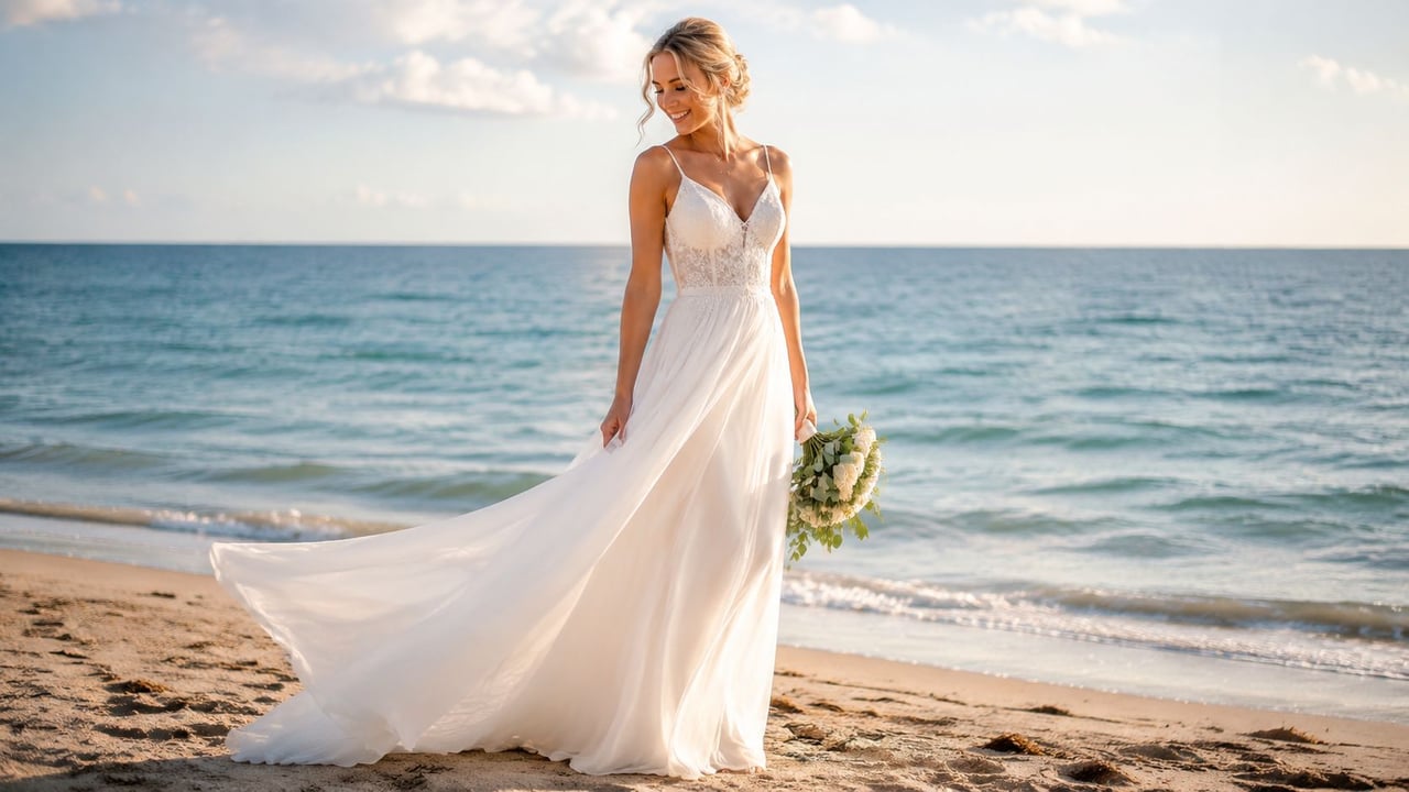 A smiling bride wearing a flowing white lace wedding dress on a sunny beach holding a bouquet.