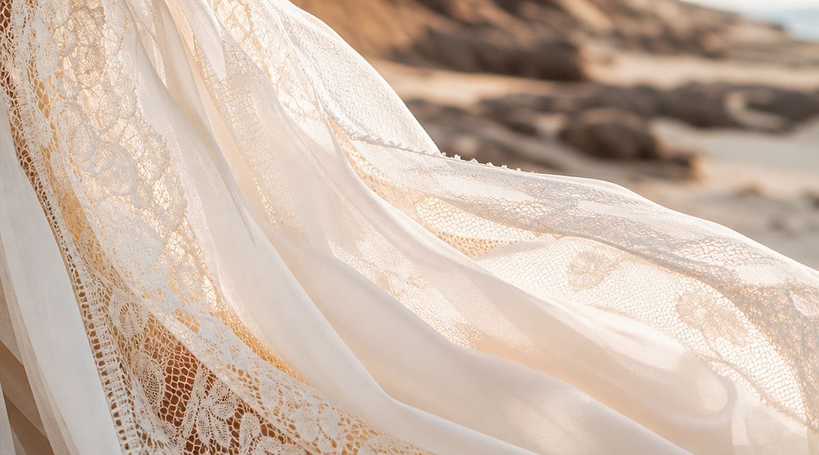 A close-up view of delicate lace fabric on a bridal dress blowing in the beach breeze.