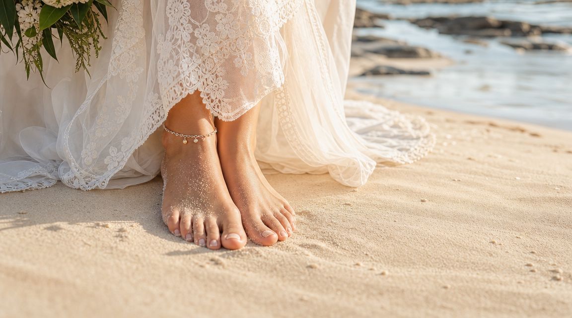 A bride with a delicate anklet standing barefoot on the sandy beach in her wedding dress.