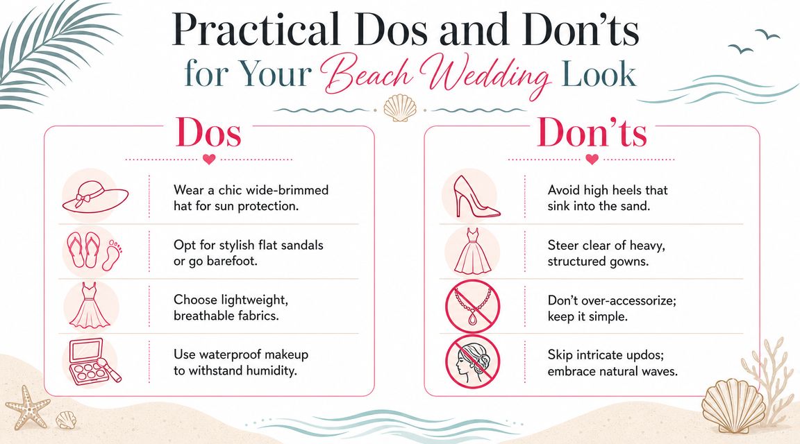 An infographic titled Practical Dos and Don'ts for Your Beach Wedding Look featuring clothing and accessory advice.