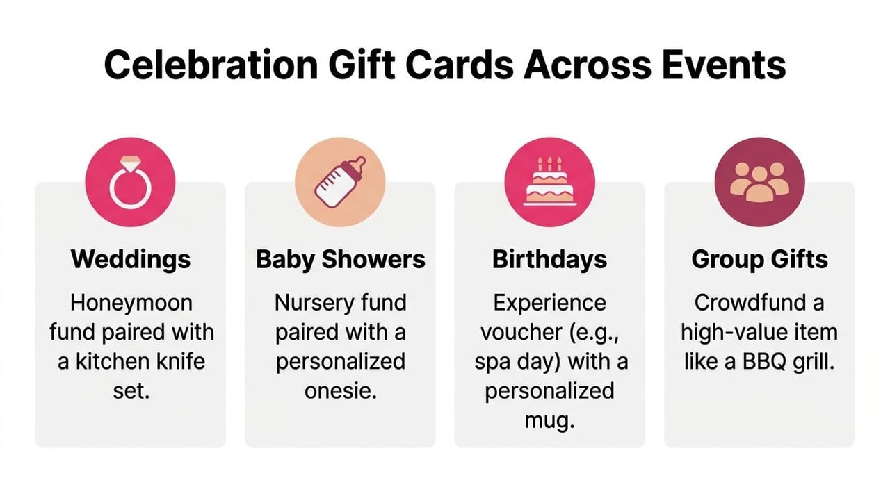 A graphic showing gift card and present ideas categorized by events like weddings, baby showers, birthdays, and group gifts.