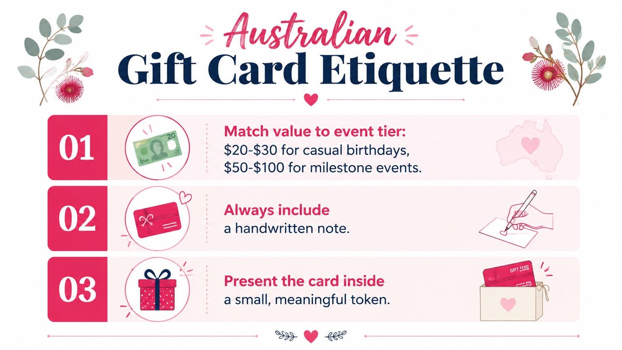 An infographic displaying three tips for Australian gift card etiquette with floral decorations and illustrative icons.