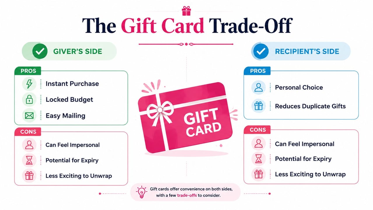 An infographic titled The Gift Card Trade-Off explaining the pros and cons for both givers and recipients.
