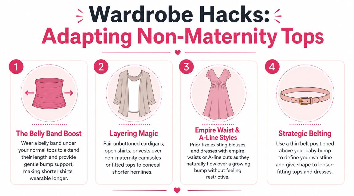 An infographic titled Wardrobe Hacks for Adapting Non-Maternity Tops featuring four tips for pregnant women.