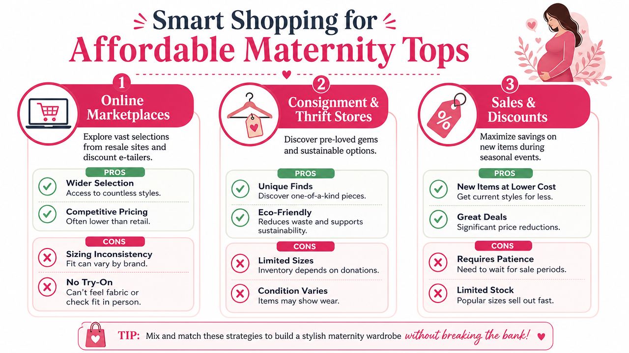 An infographic titled Smart Shopping for Affordable Maternity Tops offering tips on budget-friendly maternity clothing.