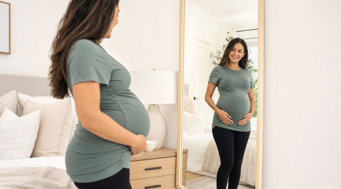 A pregnant woman in a sage green top looking at her reflection in a full-length bedroom mirror.