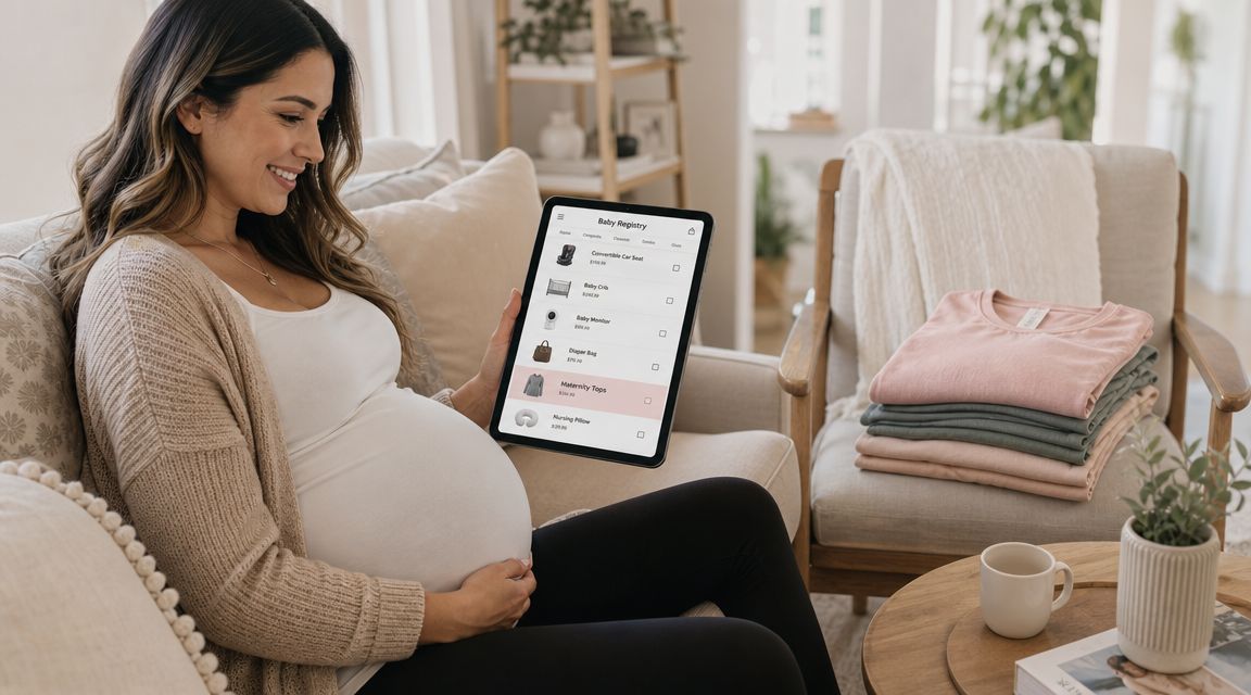 A happy pregnant woman sitting on a couch while using a digital tablet to shop for baby registry items.