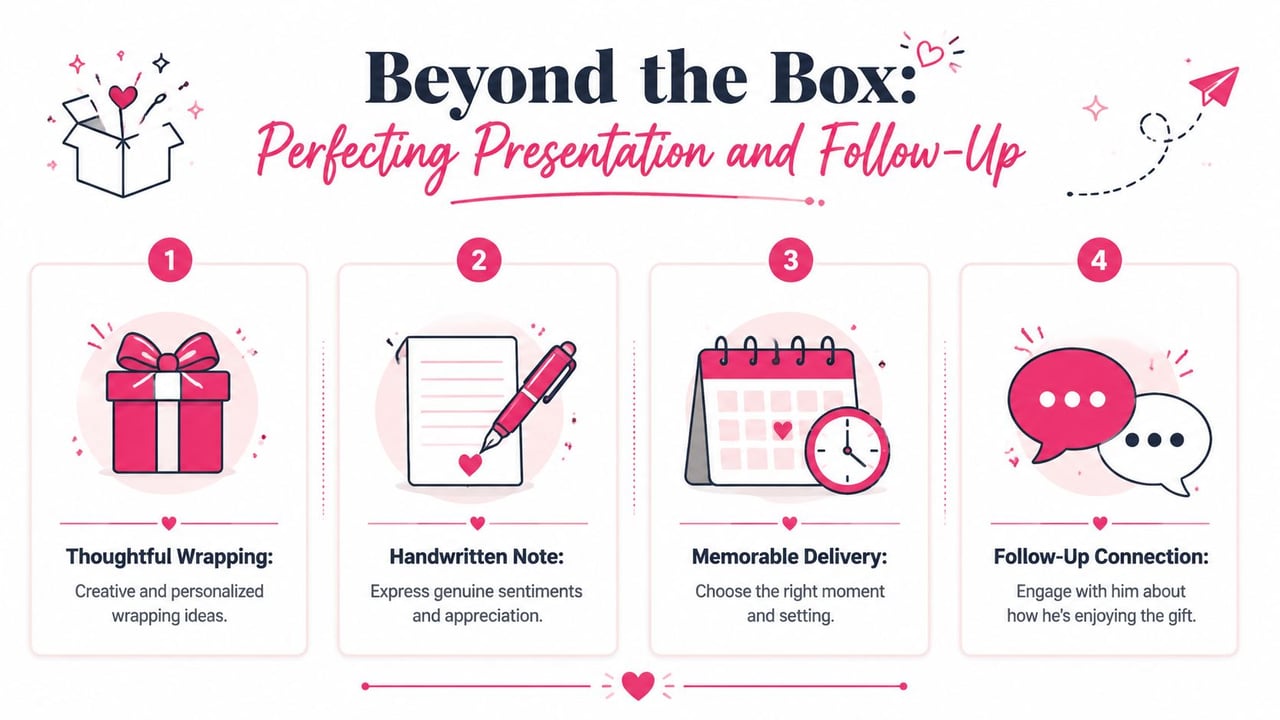 A colorful infographic illustrating four steps to perfect gift presentation and follow-up with a romantic theme.
