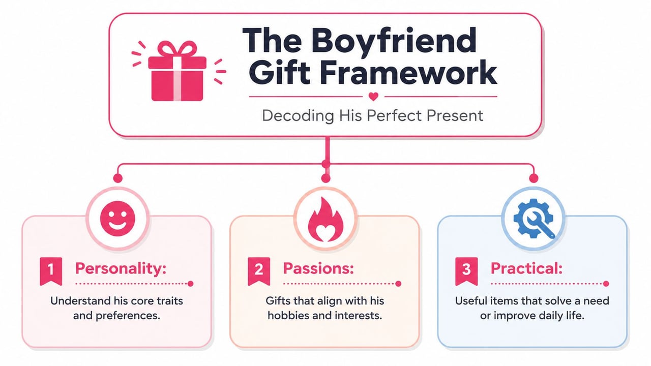 An infographic titled The Boyfriend Gift Framework showing three key categories for choosing presents for a partner.