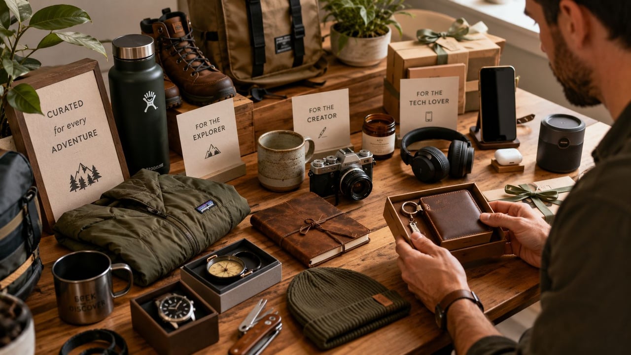A man carefully inspects a leather wallet gift while surrounded by various curated adventure and technology presents.