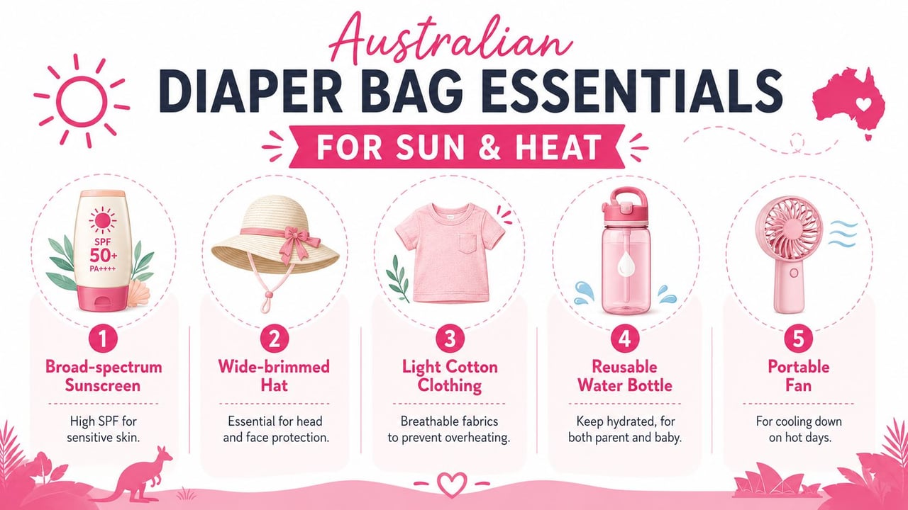 An infographic showing five essential items for a baby diaper bag during hot sunny Australian weather.